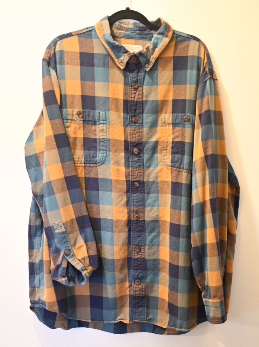 Duluth Button-Up Plaid Cotton Shirt Blue Mustard 2XL Tall Spring Fall Western